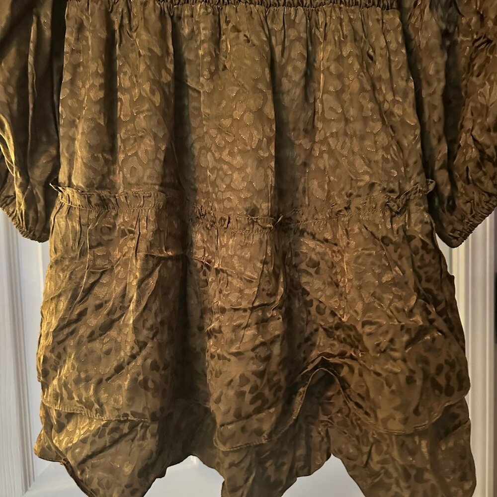 Joy Joy Olive Jacquard Leopard Smocked Waist Mini Dress Size Small NWOT - Picture 4 of 11